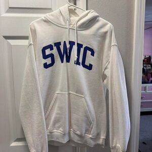 White Hoodie with Blue Lettering